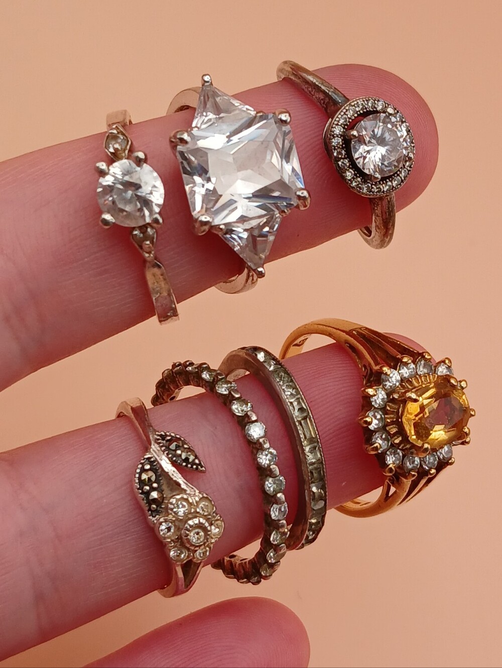 Lot Of 7 Rings Floral, Silvertone, Stone, Colorful, Simple, Clear Stone